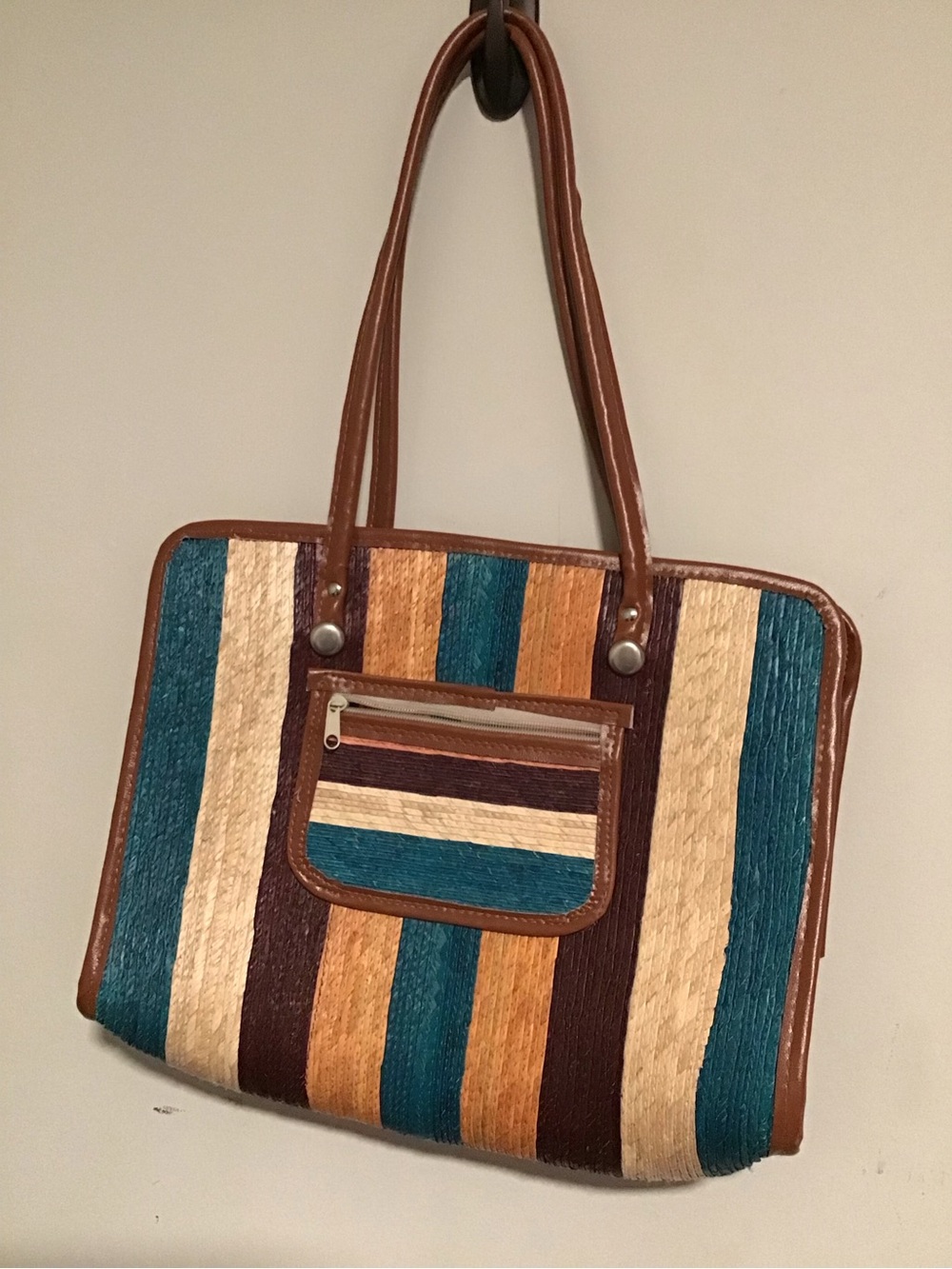 Striped Multicolor Tote Bag with Brown Trim - Picture 1 of 4